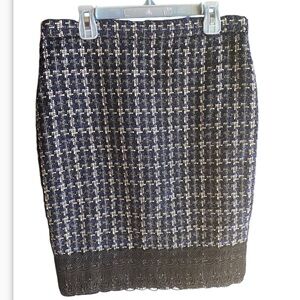 NWT Ann Taylor Women’s Blue and Black Tweed Pencil Skirt with Lace Trim size 4P